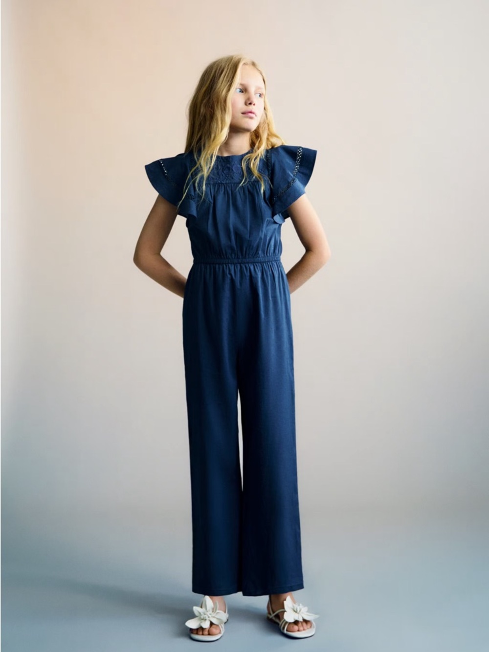 New Zara Navy Flutter-Sleeve Wide-Leg Jumpsuit